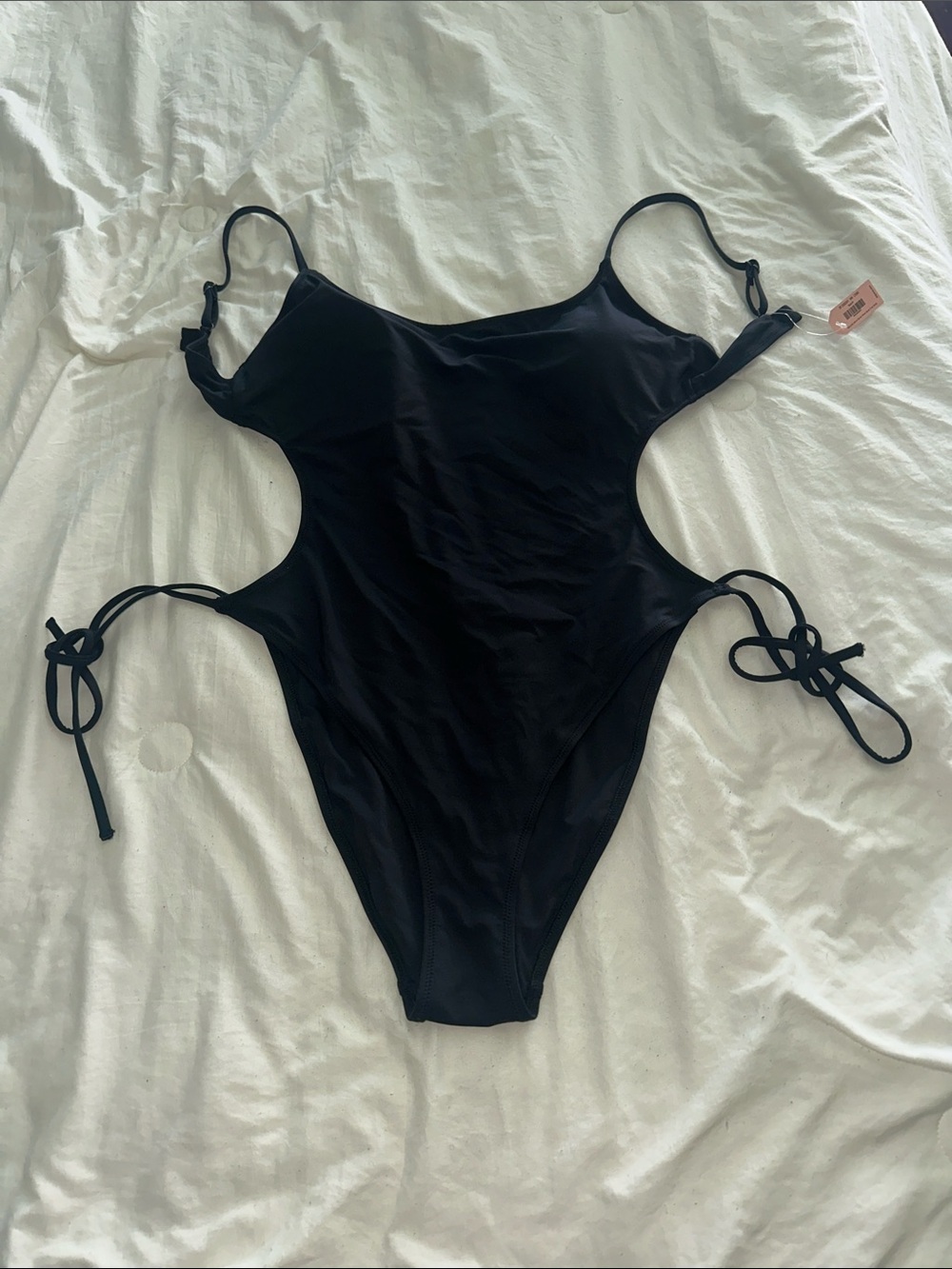 Black Cutout One-Piece Swimsuit with Side Tie Straps